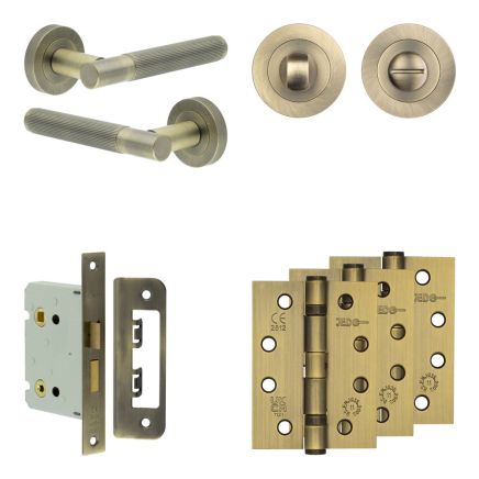 Complete Venice Door Handle Pack - Bathroom Lock (Standard Thumb Turn) - Antique Brass - 76mm / 4-inch Hinges - JE-F6A3-AB