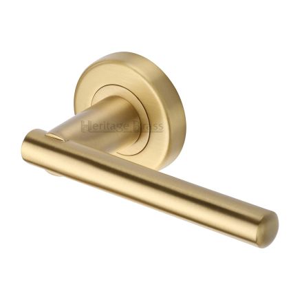 Heritage Brass Door Handle Lever on Rose Challenger Design Satin Brass Finish