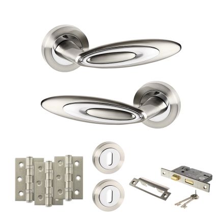 Senza Pari Elisse Door Handle Pack (3 Lever Lock Set - 2.5" CE Sashlock, 3" Fire Rated Hinges x3) - Satin Nickel/Chrome Plate