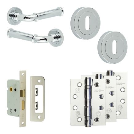 Complete Classic Door Handle Pack - Sashlock - Polished Chrome - 65mm / 4-inch Hinges - JE-A7A8-PC