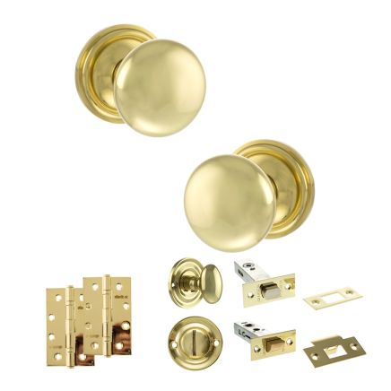 Old English Harrogate Door Knob Pack (Bathroom Set - 3" Deadbolt, 4" Slim Knuckle Hinges x2) - Polished Brass