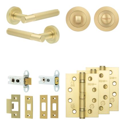 Complete Venice Door Handle Pack - Heavy Duty Tubular Bathroom (Standard Thumb Turn) - Satin Brass - 64mm / 4-inch Hinges - JE-F30A3-SB