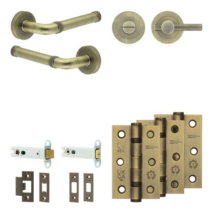 Complete Midtown Door Handle Pack - Heavy Duty Tubular Bathroom (Knurled Thumb Turn) - Antique Brass - 102mm / 3-inch Hinges - JE-G32B1-AB