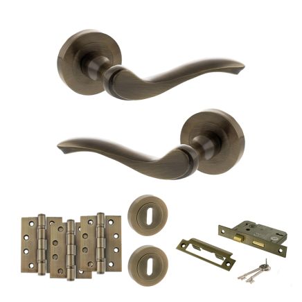Old English Warwick Door Handle Pack (3 Lever Lock Set - 3" CE Sashlock, 4" Fire Rated Hinges x3) - Antique Brass