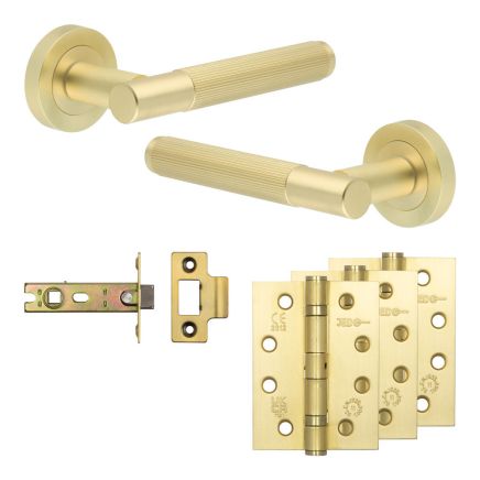 Complete Venice Door Handle Pack - Internal Doors - Satin Brass - 76mm / 4-inch Hinges - JE-F3A-SB