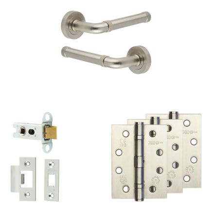 Complete Midtown Door Handle Pack - Heavy Duty Latch - Satin Nickel - 64mm / 4-inch Hinges - JE-G20A-SN