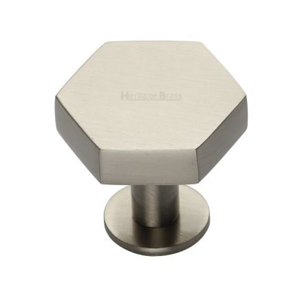 Heritage Brass Cabinet Knob Hexagon Design with Rose 38mm Satin Nickel finish