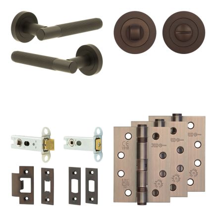 Complete Venice Door Handle Pack - Heavy Duty Tubular Bathroom (Standard Thumb Turn) - Dark Bronze - 76mm / 4-inch Hinges - JE-F31A3-DB