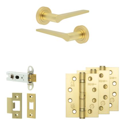 Complete Gio Door Handle Pack - Heavy Duty Latch - Satin Brass - 76mm / 4-inch Hinges - JE-E21A-SB