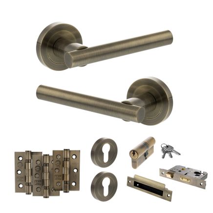 STATUS Nebraska Door Handle Pack (Euro Lock Set - 3" CE Sashlock, 3" Fire Rated Hinges x3) - Antique Brass
