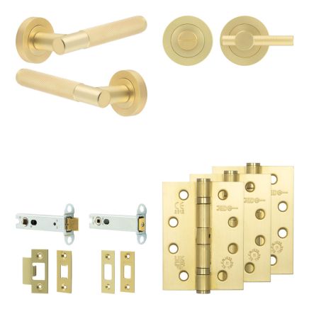 Complete Bari Door Handle Pack - Heavy Duty Tubular Bathroom (Knurled Thumb Turn) - Satin Brass - 102mm / 4-inch Hinges - JE-D32A1-SB