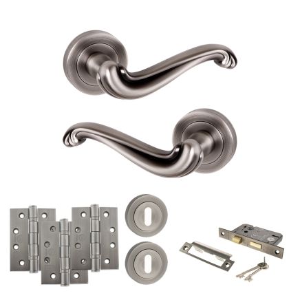 Old English Colchester Door Handle Pack (3 Lever Lock Set - 2.5" CE Sashlock, 4" Fire Rated Hinges x3) - Matt Gun Metal