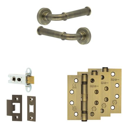 Complete Classic Door Handle Pack - Heavy Duty Latch - Antique Brass - 64mm / 4-inch Hinges - JE-A20A-AB