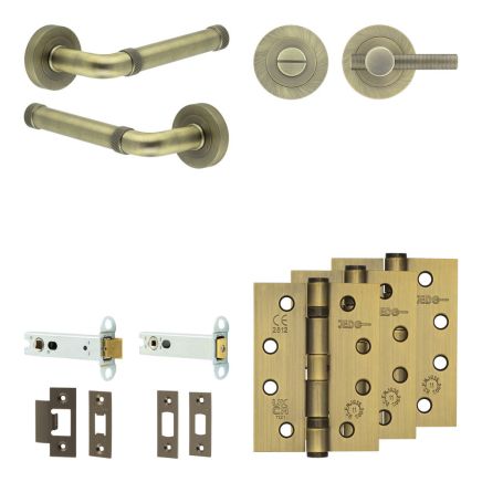 Complete Midtown Door Handle Pack - Heavy Duty Tubular Bathroom (Knurled Thumb Turn) - Antique Brass - 102mm / 4-inch Hinges - JE-G32A1-AB
