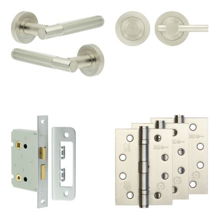Complete Venice Door Handle Pack - Bathroom Lock (Plain Thumb Turn) - Satin Nickel - 76mm / 4-inch Hinges - JE-F6A2-SN