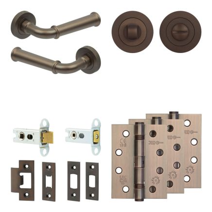 Complete Classic Door Handle Pack - Heavy Duty Tubular Bathroom (Standard Thumb Turn) - Dark Bronze - 64mm / 4-inch Hinges - JE-A30A3-DB
