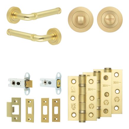 Complete Midtown Door Handle Pack - Heavy Duty Tubular Bathroom (Standard Thumb Turn) - Satin Brass - 64mm / 3-inch Hinges - JE-G30B3-SB