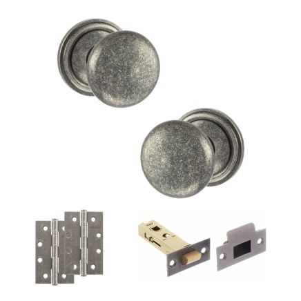 Old English Harrogate Door Knob Pack (Latch Set - 3" HD Latch, 4" Slim Knuckle Hinges x2) - Distressed Silver