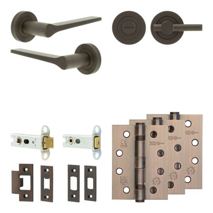 Complete Gio Door Handle Pack - Heavy Duty Tubular Bathroom (Plain Thumb Turn) - Dark Bronze - 76mm / 4-inch Hinges - JE-E31A2-DB