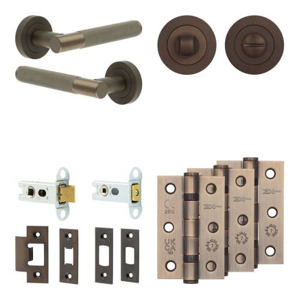 Complete Bari Door Handle Pack - Heavy Duty Tubular Bathroom (Standard Thumb Turn) - Dark Bronze - 64mm / 3-inch Hinges - JE-D30B3-DB