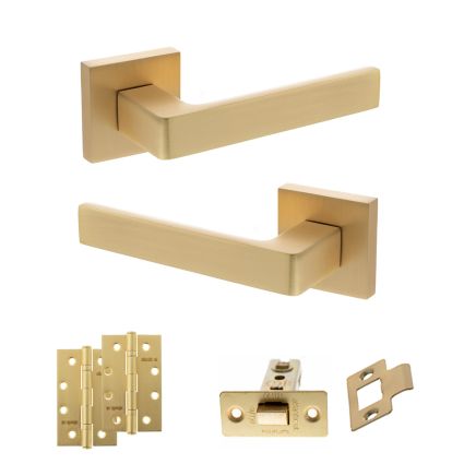 STATUS Montana Door Handle Pack (Latch Set - 2.5" CE Latch, 4" Slim Knuckle Hinges x2) - Satin Brass
