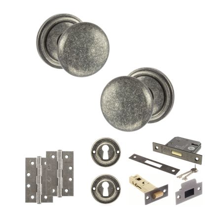 Old English Harrogate Door Knob Pack (Lock Set - 3" Latch & Deadlock, 4" Slim Knuckle Hinges x2) - Distressed Silver