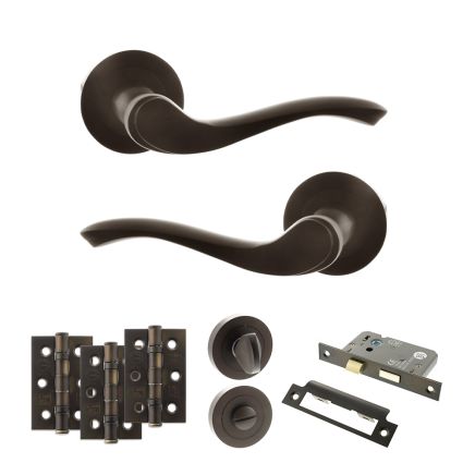 Old English Warwick Door Handle Pack (Bathroom Set - 2.5" CE Bathroom Lock, 3" Fire Rated Hinges x3) - Urban Dark Bronze