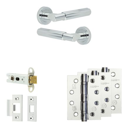 Complete Bloom Door Handle Pack - Heavy Duty Latch - Polished Chrome - 76mm / 4-inch Hinges - JE-B21A-PC