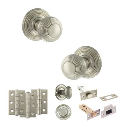 Old English Ripon Door Knob Pack (Bathroom Set - 4" Deadbolt, 3" Fire Rated Hinges x3) - Satin Nickel