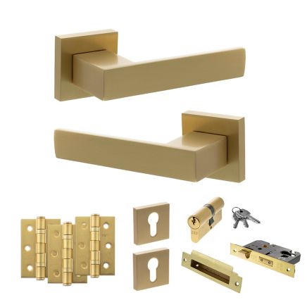 Senza Pari Panetti Door Handle Pack (Euro Lock Set - 2.5" CE Sashlock, 3" Fire Rated Hinges x3) - Satin Brass