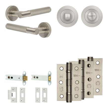 Complete Bari Door Handle Pack - Heavy Duty Tubular Bathroom (Standard Thumb Turn) - Satin Nickel - 102mm / 3-inch Hinges - JE-D32B3-SN