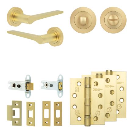 Complete Gio Door Handle Pack - Heavy Duty Tubular Bathroom (Standard Thumb Turn) - Satin Brass - 64mm / 4-inch Hinges - JE-E30A3-SB