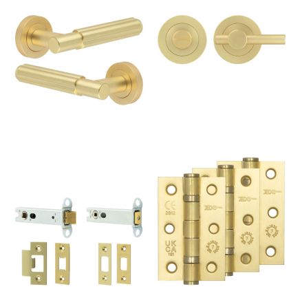 Complete Bloom Door Handle Pack - Heavy Duty Tubular Bathroom (Plain Thumb Turn) - Satin Brass - 102mm / 3-inch Hinges - JE-B32B2-SB