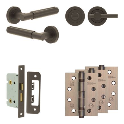 Complete Bloom Door Handle Pack - Bathroom Lock (Plain Thumb Turn) - Dark Bronze - 65mm / 4-inch Hinges - JE-B5A2-DB