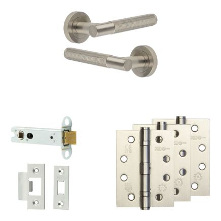 Complete Bari Door Handle Pack - Heavy Duty Latch - Satin Nickel - 102mm / 4-inch Hinges - JE-D22A-SN