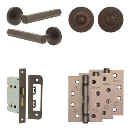 Complete Hex Door Handle Pack - Bathroom Lock (Standard Thumb Turn) - Dark Bronze - 65mm / 4-inch Hinges - JE-C5A3-DB