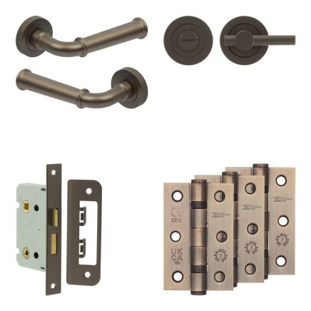 Complete Classic Door Handle Pack - Bathroom Lock (Plain Thumb Turn) - Dark Bronze - 65mm / 3-inch Hinges - JE-A5B2-DB