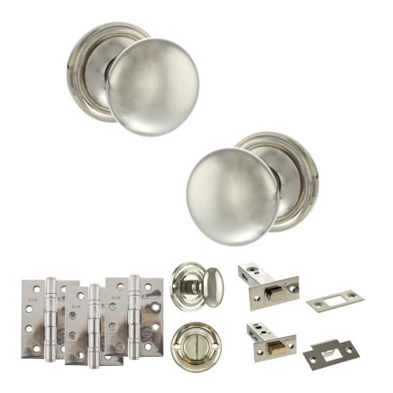 Old English Harrogate Door Knob Pack (Bathroom Set - 3" Deadbolt, 4" Fire Rated Hinges x3) - Polished Nickel