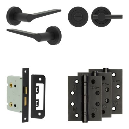 Complete Gio Door Handle Pack - Bathroom Lock (Plain Thumb Turn) - Matt Black - 76mm / 4-inch Hinges - JE-E6A2-MB