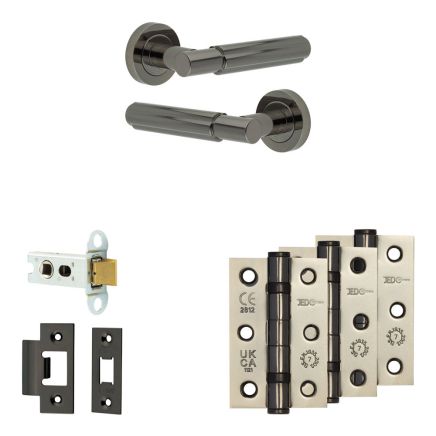 Complete Bloom Door Handle Pack - Heavy Duty Latch - Black Nickel - 64mm / 3-inch Hinges - JE-B20B-BN