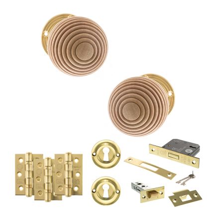 Old English Bridlington Door Knob Pack (Lock Set - 3" Latch & Deadlock, 3" Fire Rated Hinges x3) - Polished Brass