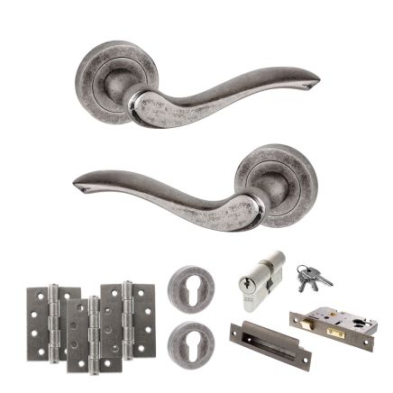 Old English Warwick Door Handle Pack (Euro Lock Set - 3" CE Sashlock, 4" Fire Rated Hinges x3) - Distressed Silver