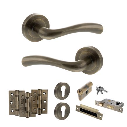 STATUS Texas Door Handle Pack (Euro Lock Set - 2.5" CE Sashlock, 3" Fire Rated Hinges x3) - Antique Brass