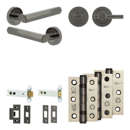 Complete Hex Door Handle Pack - Heavy Duty Tubular Bathroom (Plain Thumb Turn) - Black Nickel - 102mm / 3-inch Hinges - JE-C32B2-BN