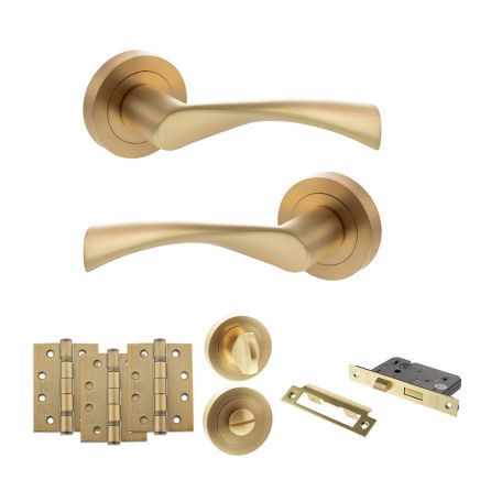 STATUS Colorado Door Handle Pack (Bathroom Set - 3" CE Bathroom Lock, 4" Fire Rated Hinges x3) - Satin Brass