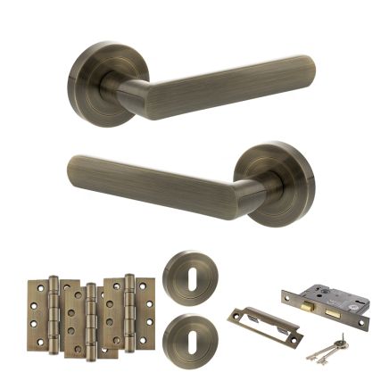 STATUS Carolina Door Handle Pack (3 Lever Lock Set - 2.5" CE Sashlock, 4" Fire Rated Hinges x3) - Antique Brass