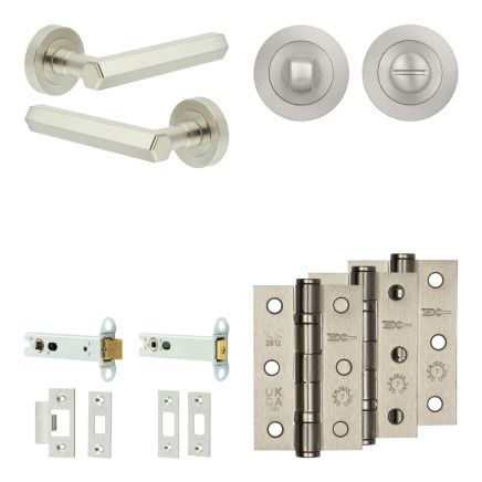 Complete Hex Door Handle Pack - Heavy Duty Tubular Bathroom (Standard Thumb Turn) - Satin Nickel - 102mm / 3-inch Hinges - JE-C32B3-SN