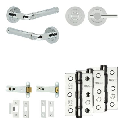 Complete Midtown Door Handle Pack - Heavy Duty Tubular Bathroom (Plain Thumb Turn) - Polished Chrome - 102mm / 3-inch Hinges - JE-G32B2-PC