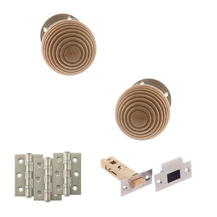 Old English Bridlington Door Knob Pack (Latch Set - 3" HD Latch, 3" Fire Rated Hinges x3) - Satin Nickel