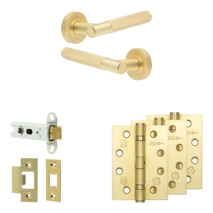Complete Bari Door Handle Pack - Heavy Duty Latch - Satin Brass - 76mm / 4-inch Hinges - JE-D21A-SB